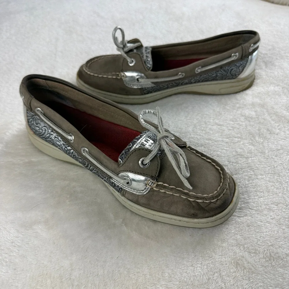 Sperry Top Sider Angelfish Boat Shoe Women 8 Brown Leather Metallic Panel Preppy